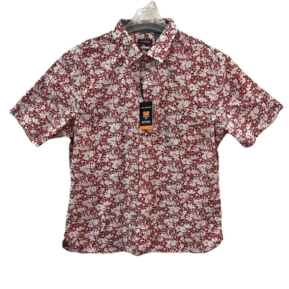 Van Heusen Mens XL Fire Swirl Print Stain Shield Short Sleeve Button Down Floral